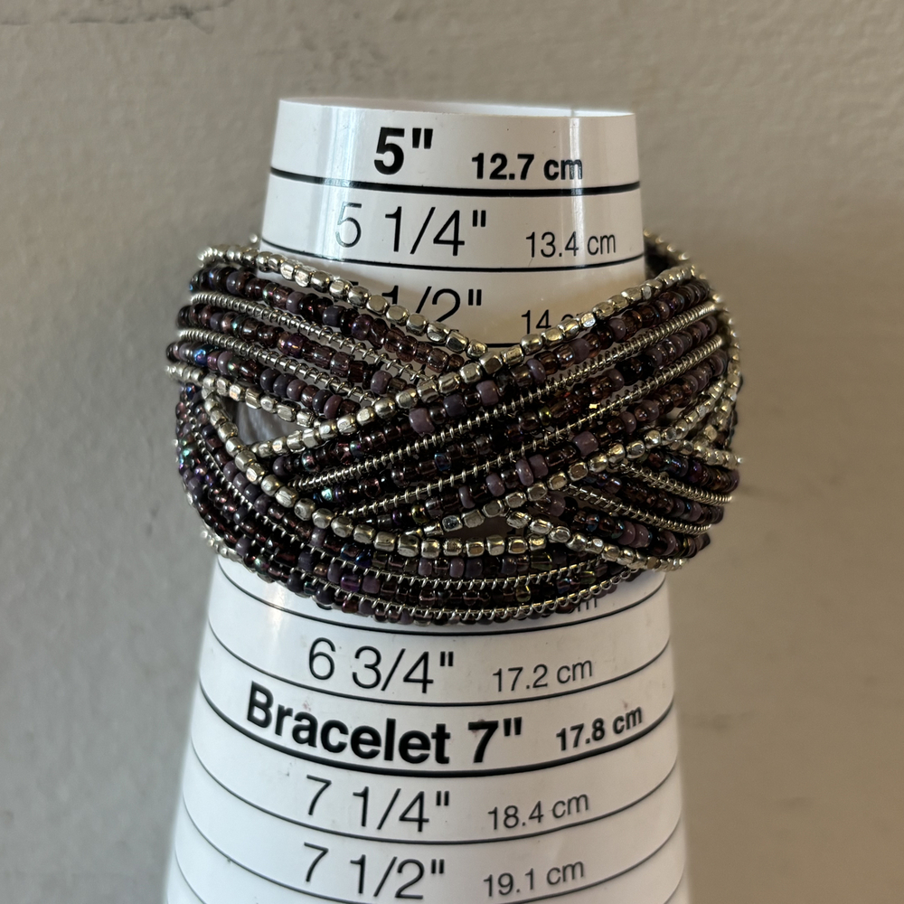 Purple and Silver-Tone Woven Seed Bead Wrap Bracelet